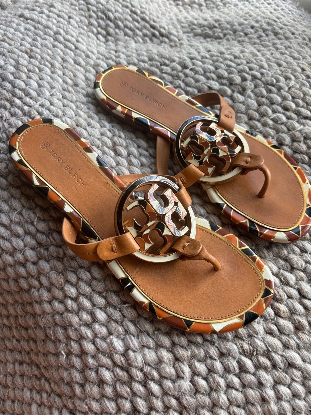 Tory Burch Tan Leather Logo Thong Sandals with Multicolor Trim